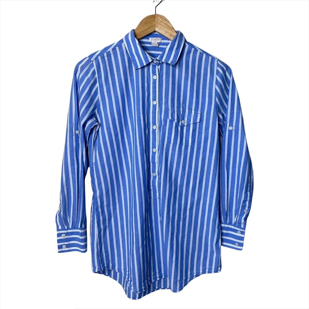 J. Crew Blue White Stripe Half Button Up Long Sleeve